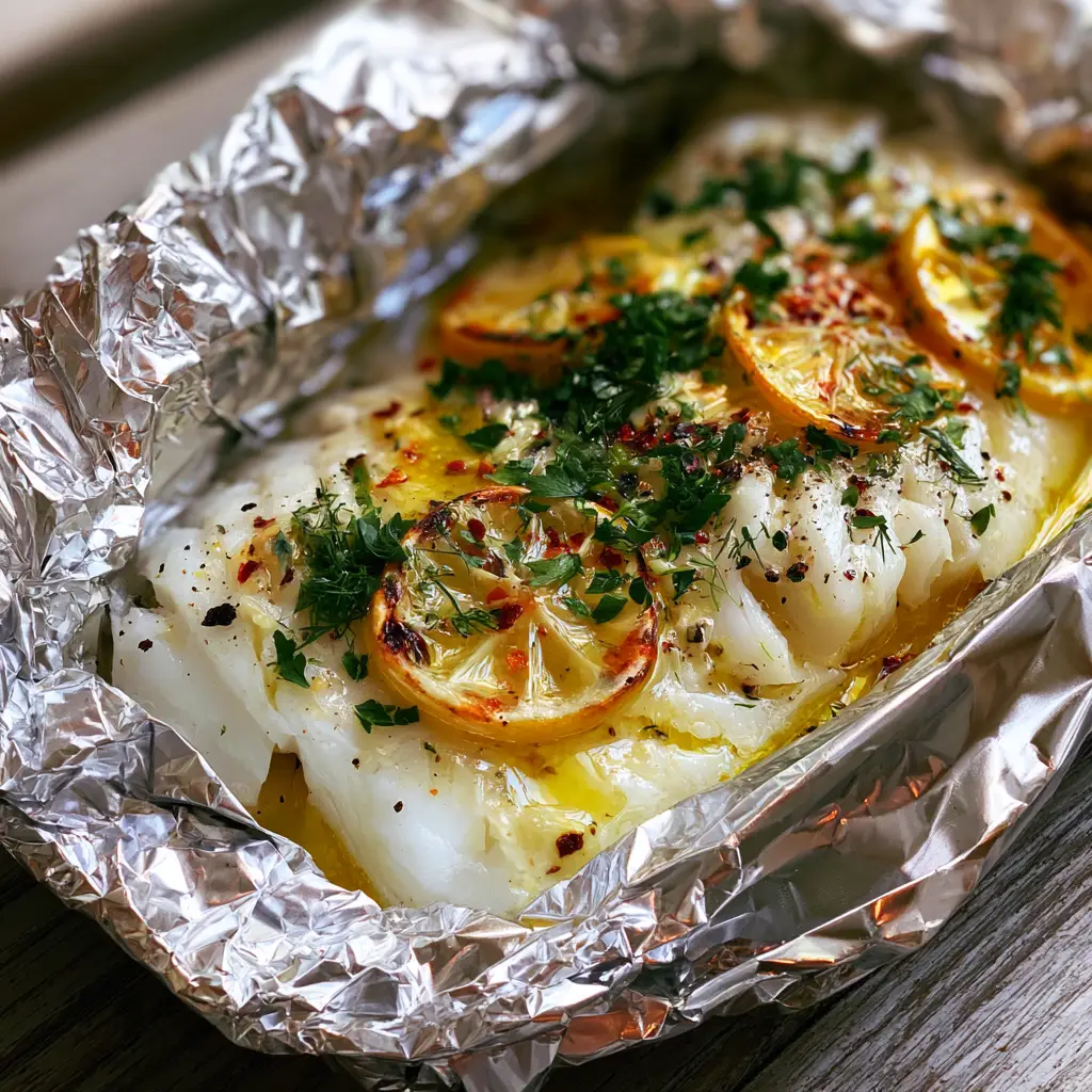 Grilled Halibut in Foil Packets with Garlic Herb Butter 1 Thick juicy grilled halibut fillet inside a crinkled heavy-duty foil packet covered in minced fresh dill, chopped parsley, and cracked black pepper.