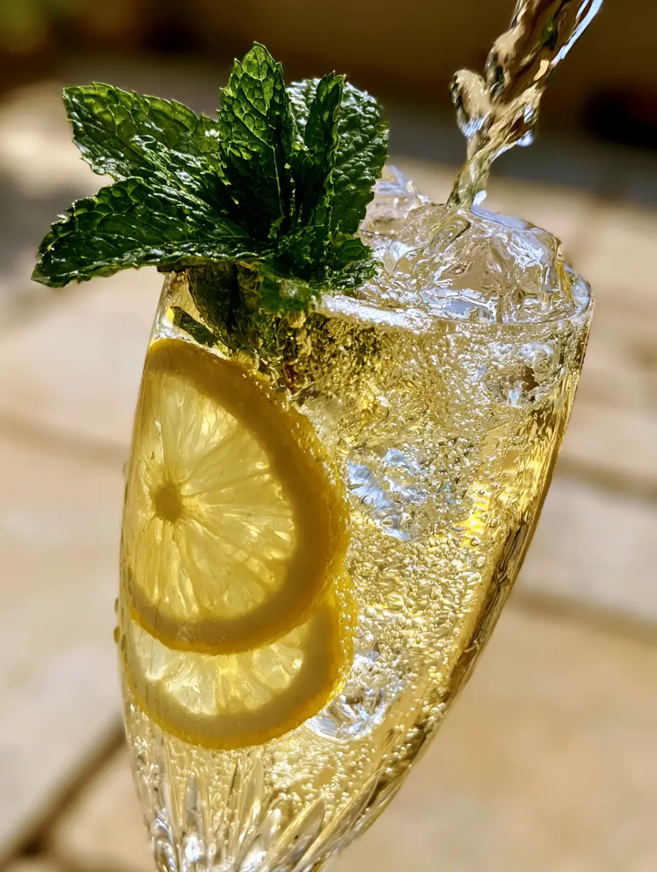 Close up photo of a Lemonade Moscato Wine Spritzer with condensation beads and fine bubbles rising.