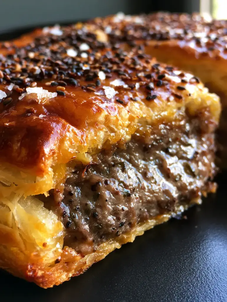 Meat Pie with Shattered Puff Pastry and Toasted Nigella Seeds 2 Extreme macro of a sliced Meat Pie revealing juicy minced beef and hundreds of paper-thin pastry layers.