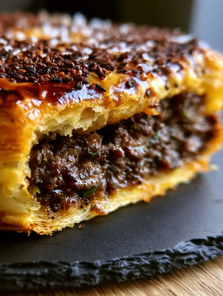 Meat Pie with Shattered Puff Pastry and Toasted Nigella Seeds 1 Top view of a Meat Pie crust glazed with egg wash, toasted nigella seeds, and salt flakes.