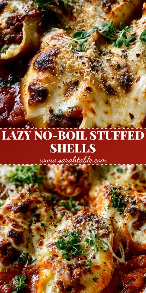 Stuffed Shells with Ground Beef and Savory Ricotta 4 Close-up of baked stuffed shells with bubbly charred mozzarella, chunky marinara, and fresh micro-basil in a white dish. (stuffed shells)