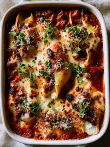 Handheld photo of a white ceramic dish featuring stuffed shells with long cheese pulls and golden charred mozzarella spots. (stuffed shells)