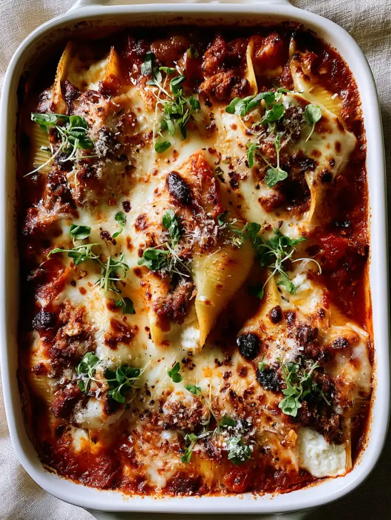 Stuffed Shells with Ground Beef and Savory Ricotta 2 Handheld photo of a white ceramic dish featuring stuffed shells with long cheese pulls and golden charred mozzarella spots. (stuffed shells)