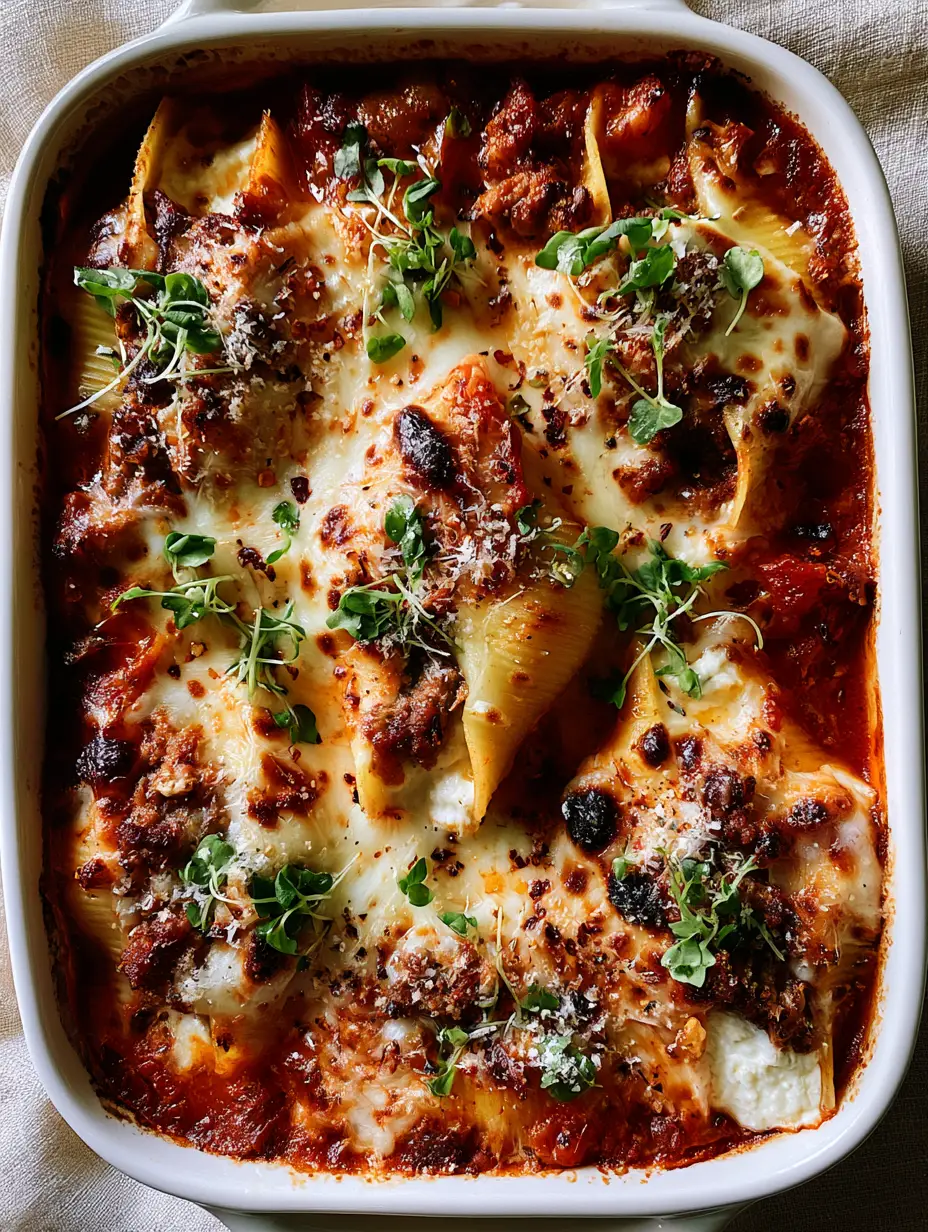 Stuffed Shells with Ground Beef and Savory Ricotta 3 Handheld photo of a white ceramic dish featuring stuffed shells with long cheese pulls and golden charred mozzarella spots. (stuffed shells)