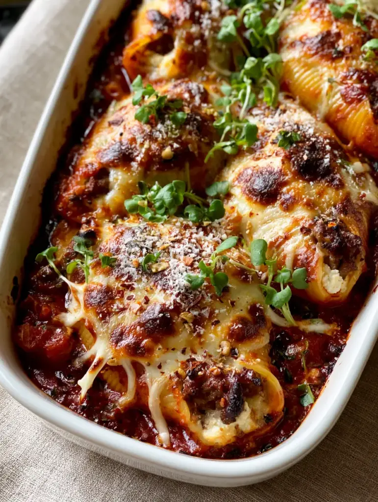 Stuffed Shells with Ground Beef and Savory Ricotta 1 Overhead view of stuffed shells garnished with micro-basil, red pepper flakes, and aged parmesan cheese.
