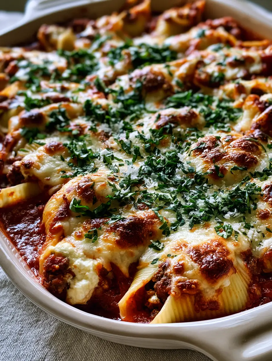 Beef-Stuffed Shells: The Ultimate Cheesy Comfort Food Recipe 4 Close up handheld photo of Beef-Stuffed Shells in a white baking dish showing the gooey cheese texture and savory beef filling.
