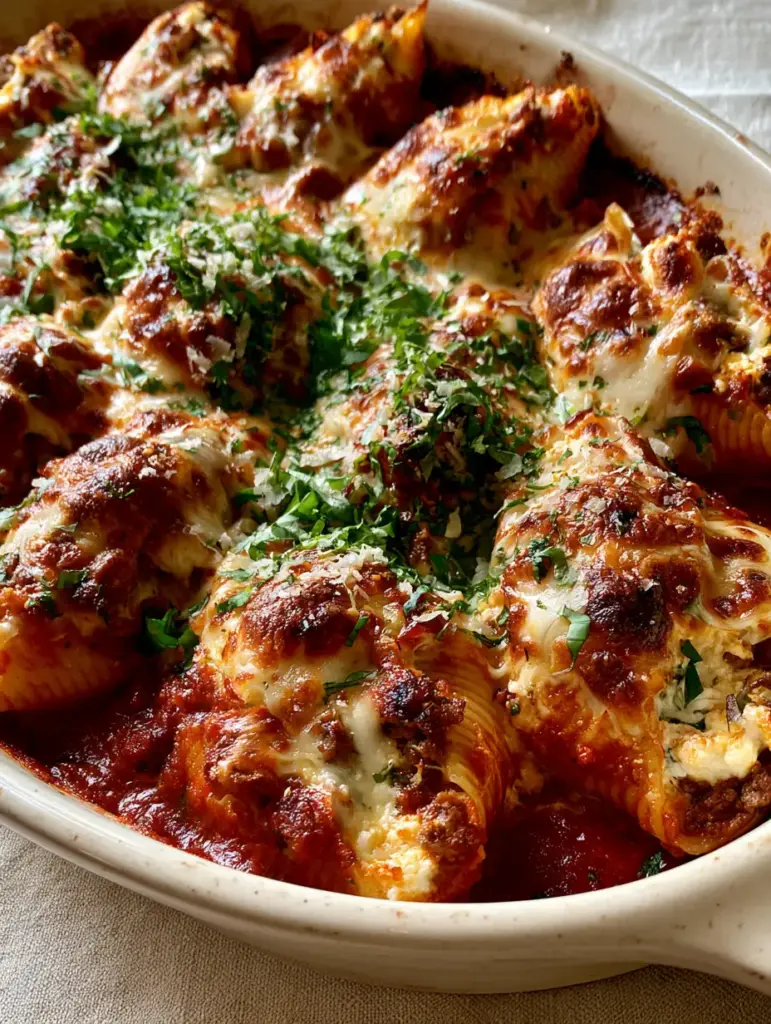 Beef-Stuffed Shells: The Ultimate Cheesy Comfort Food Recipe 1 Extreme close-up of steam rising from freshly baked Beef-Stuffed Shells with vibrant red sauce and golden-brown toasted cheese.