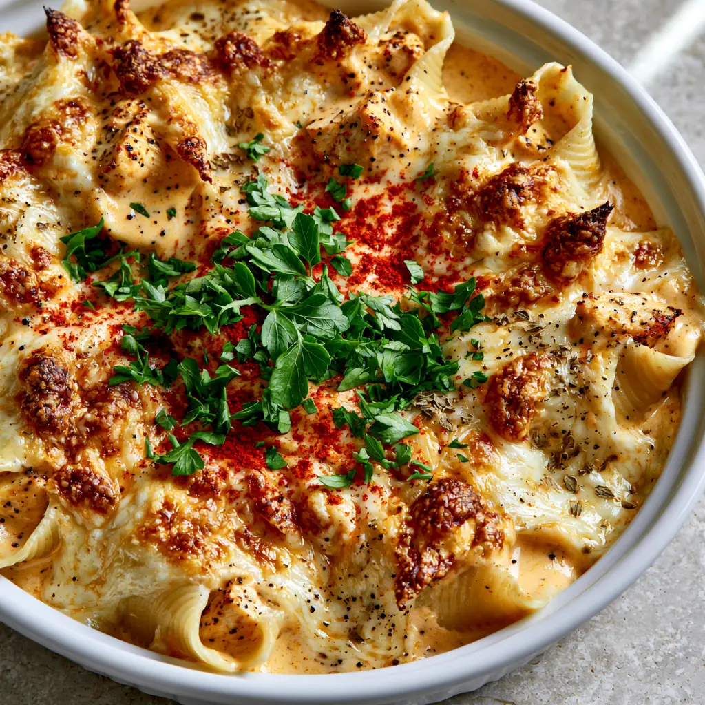 Cajun Chicken Alfredo Stuffed Shells: The Ultimate Bubbly Bake 2 Top-down angled macro shot of a ceramic baking dish with Cajun Chicken Alfredo Stuffed Shells showing toasted cheese edges.
