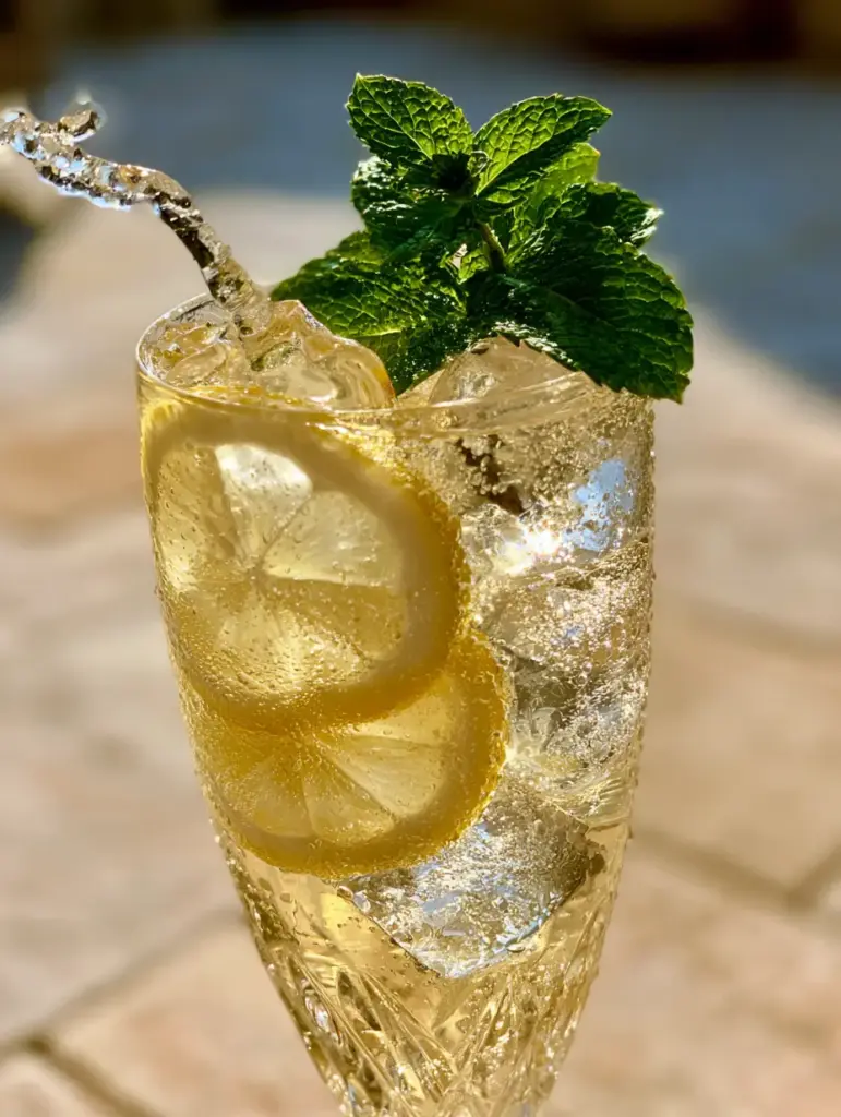 Translucent lemon wheels pressed against the glass of a pale golden Lemonade Moscato Wine Spritzer.