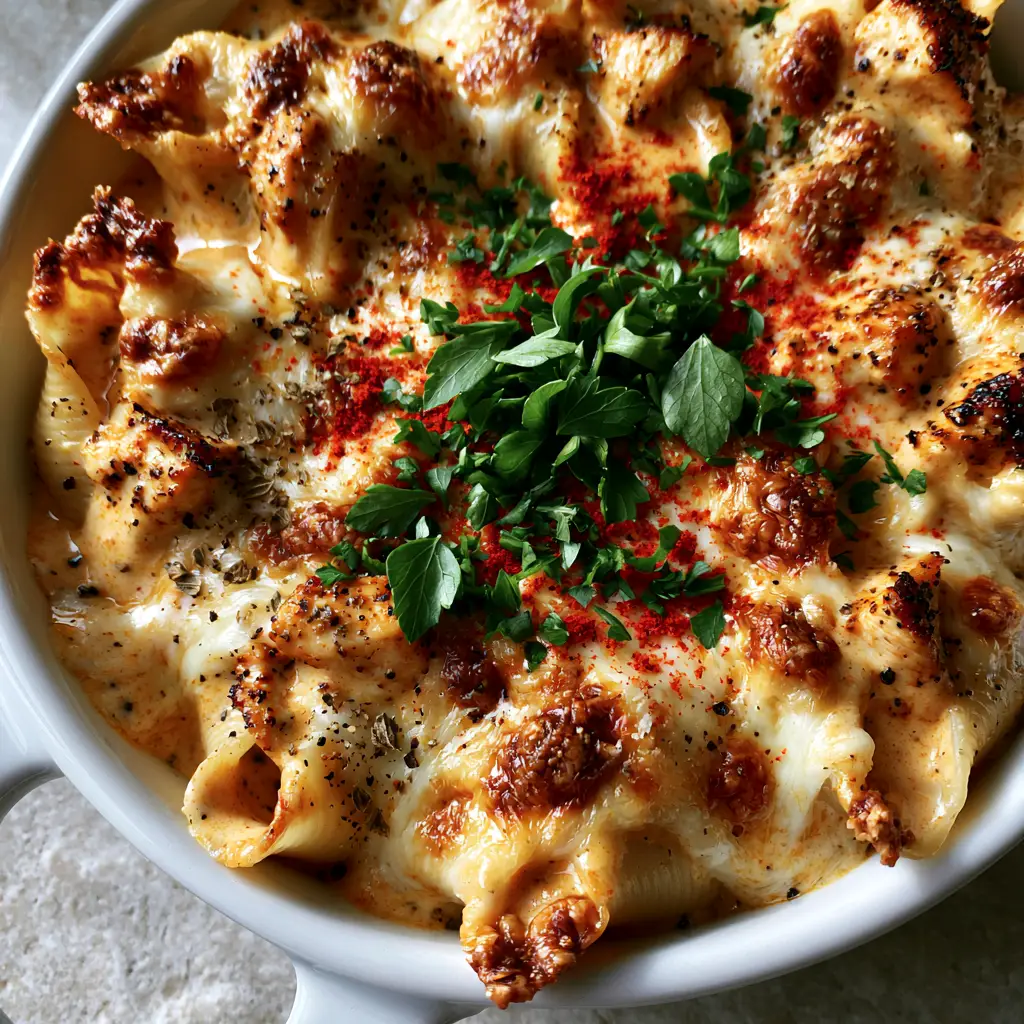 Cajun Chicken Alfredo Stuffed Shells: The Ultimate Bubbly Bake 1 Close up shot of individual jumbo shells bursting with diced blackened chicken and velvety orange-tinted sauce.