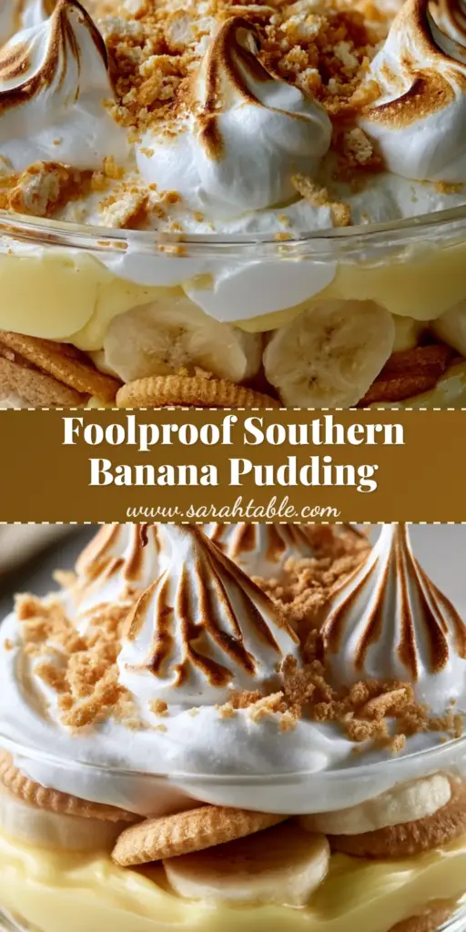Homemade Banana Pudding with Toasted Meringue and Cooked Custard 4 A tall glass dish filled with layers of Homemade Banana Pudding, fresh bananas, and toasted meringue peaks.