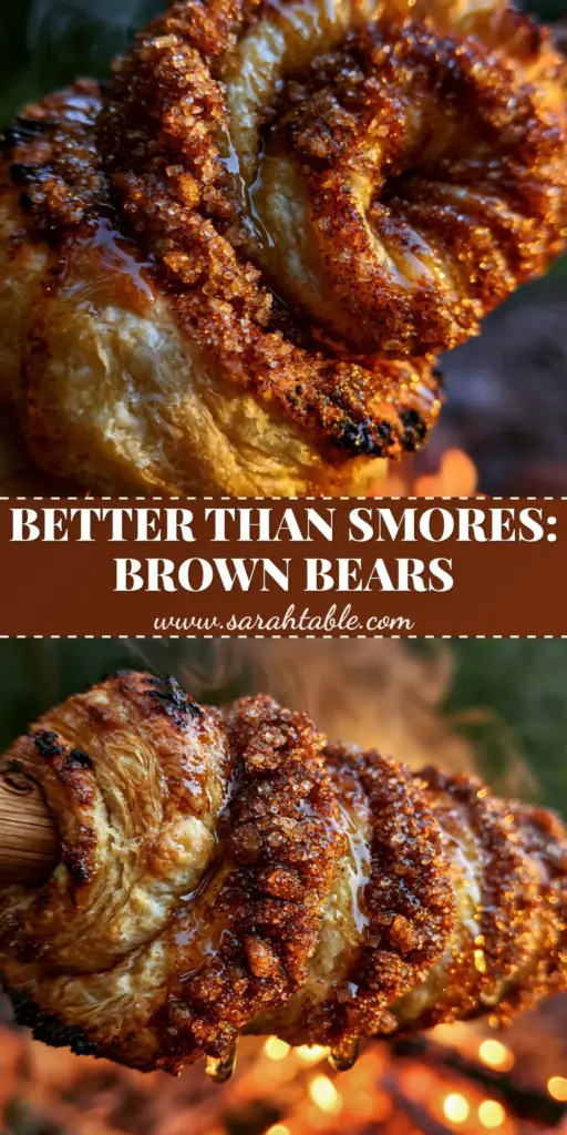 A close-up of a Brown Bears campfire snack on a stick, featuring a golden charred biscuit spiral with melted butter and sparkling cinnamon sugar crystals.