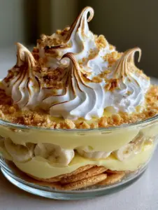 Handheld smartphone photo of layered Southern Homemade Banana Pudding in a clear glass bowl.