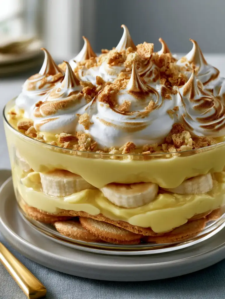 Homemade Banana Pudding with Toasted Meringue and Cooked Custard 1 Close up shot of toasted meringue peaks and crushed wafer crumbs on top of Homemade Banana Pudding.
