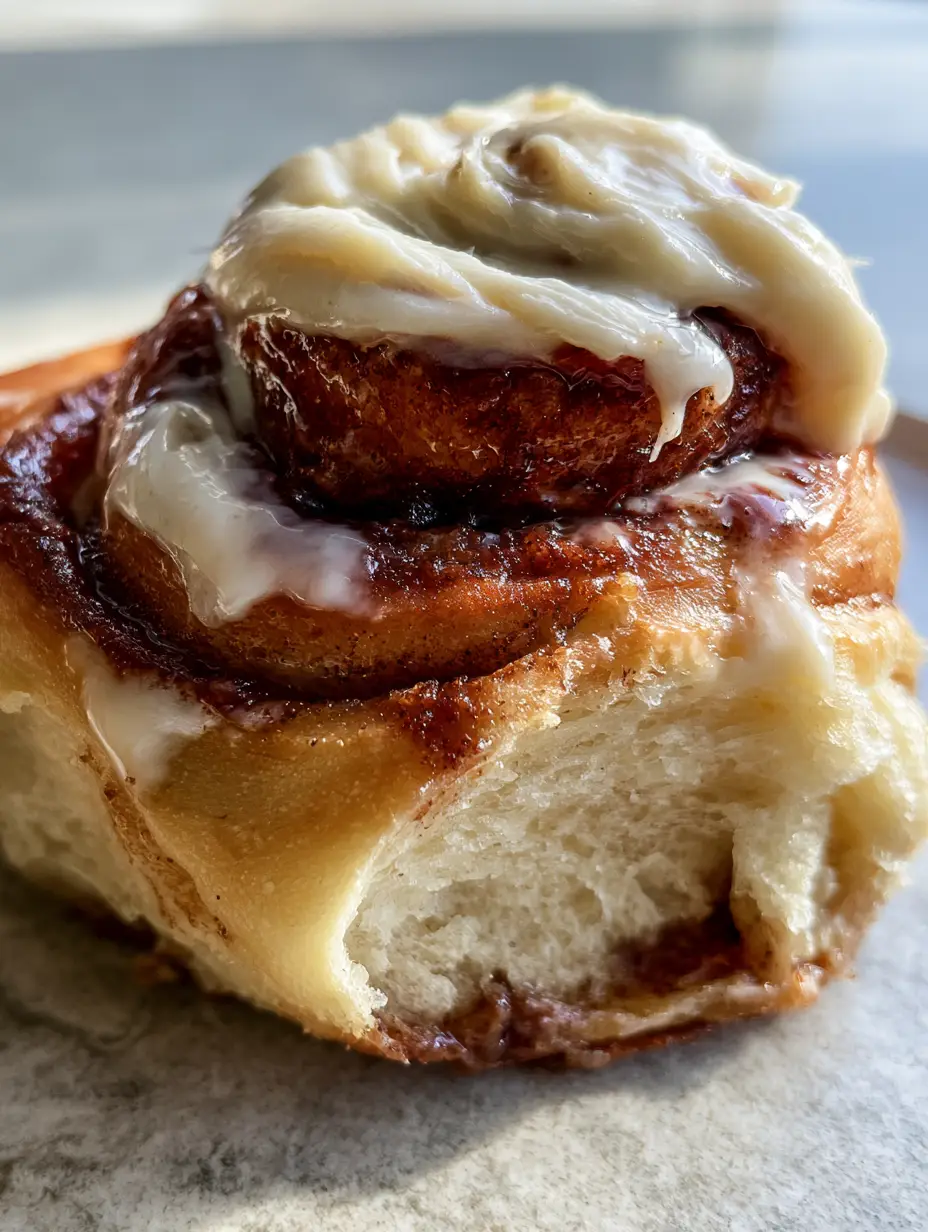 Close-up high-angle shot of a single warm cinnamon roll with thick ivory frosting dripping down the sides. (cinnamon roll recipe)