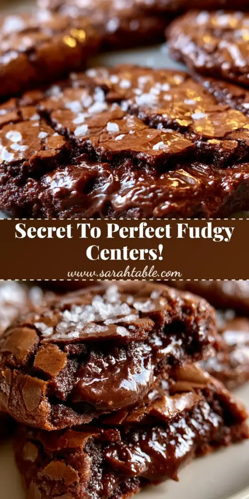 A close-up vertical shot of fudgy brownie cookies with a glossy crinkled chocolate crust, cracked crevices, melted chocolate pools, and a light sprinkling of flaky sea salt on a neutral plate.