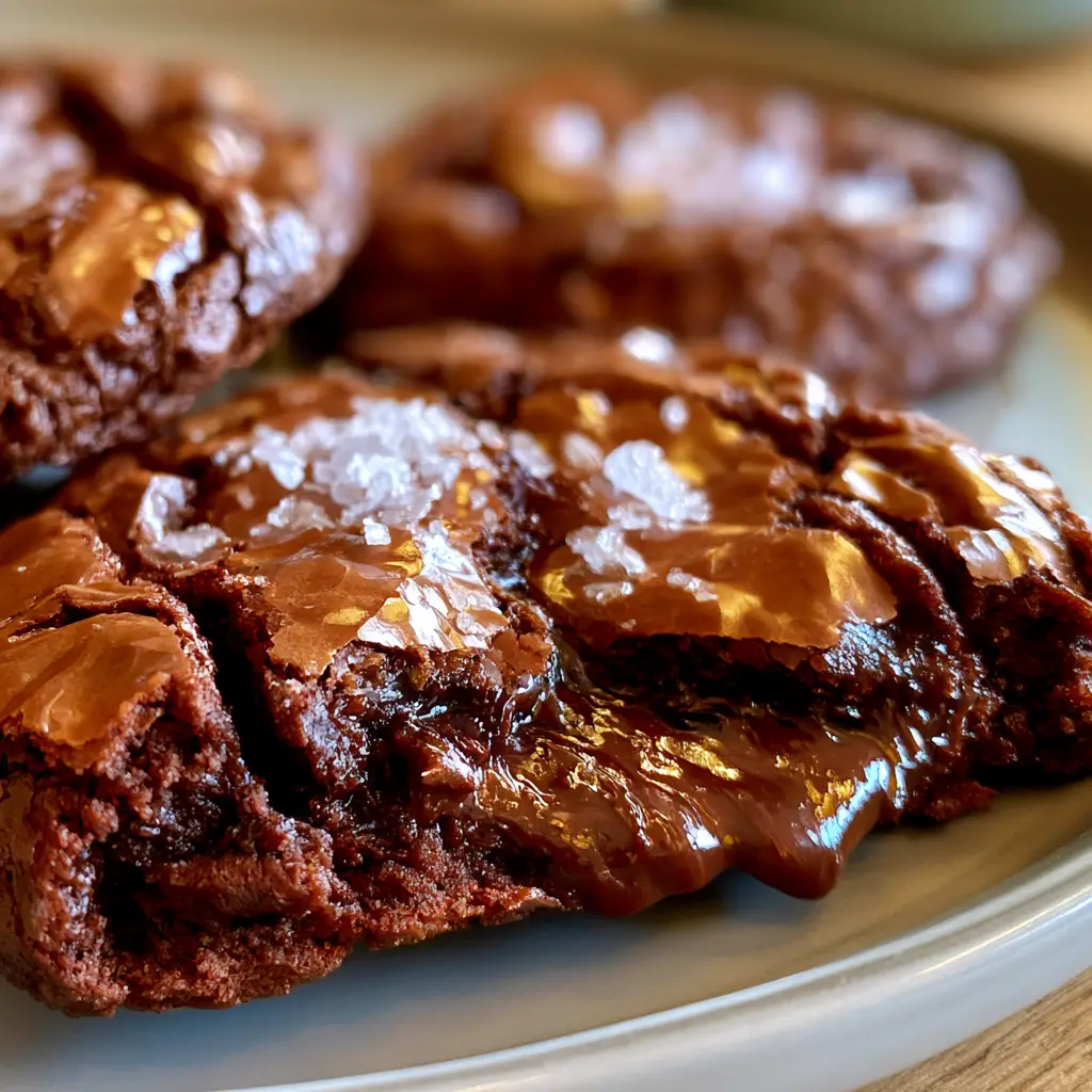 Extreme macro handheld smartphone photo focusing on the paper-thin, highly glossy crinkled crust of freshly baked brownie cookies showing deep cracked crevices and a rich fudgy core.