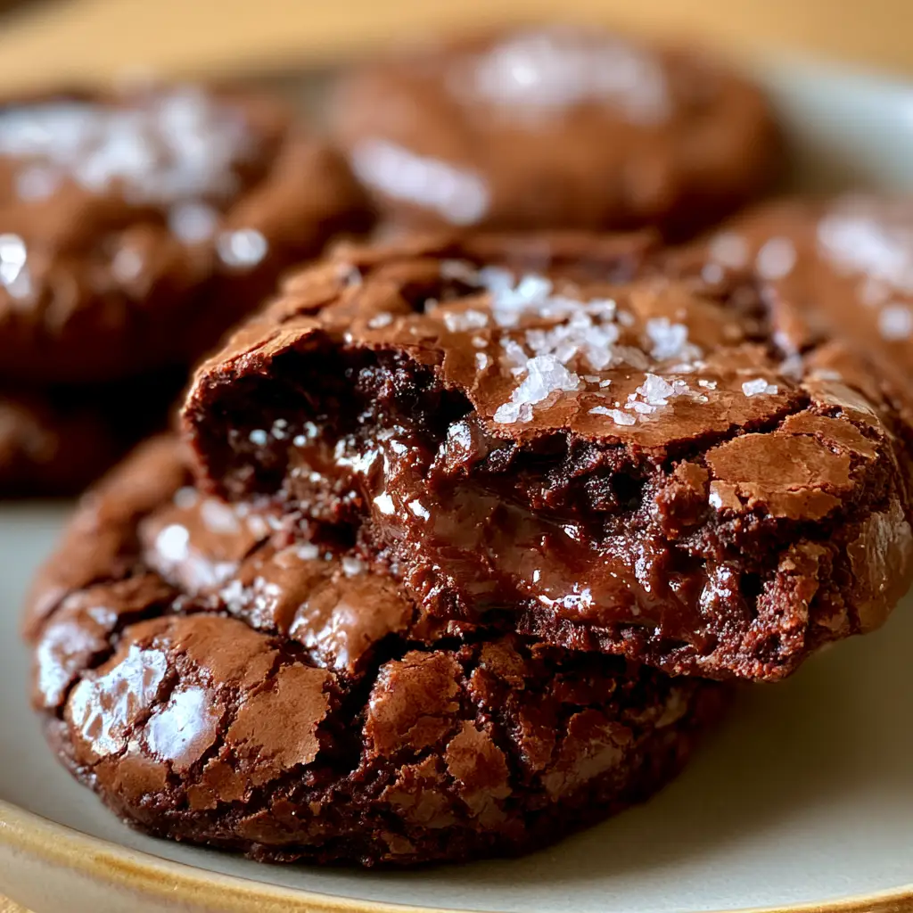 Extreme macro close-up of a broken brownie cookie revealing an ultra-fudgy soft gooey chocolate center, shiny top crust, and exquisite melted chocolate pools topped with flaky sea salt.