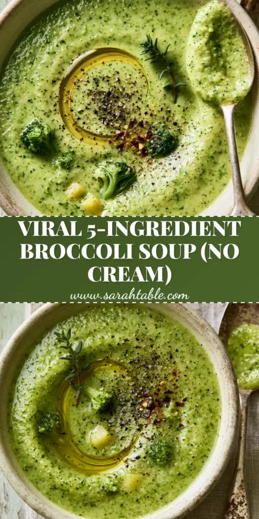 Broccoli Potato Soup: The Ultimate Creamy and Healthy Comfort Bowl 3 A top-down macro shot of a thick, vibrant green broccoli potato soup in a rustic ceramic bowl with golden potato cubes and olive oil garnish.