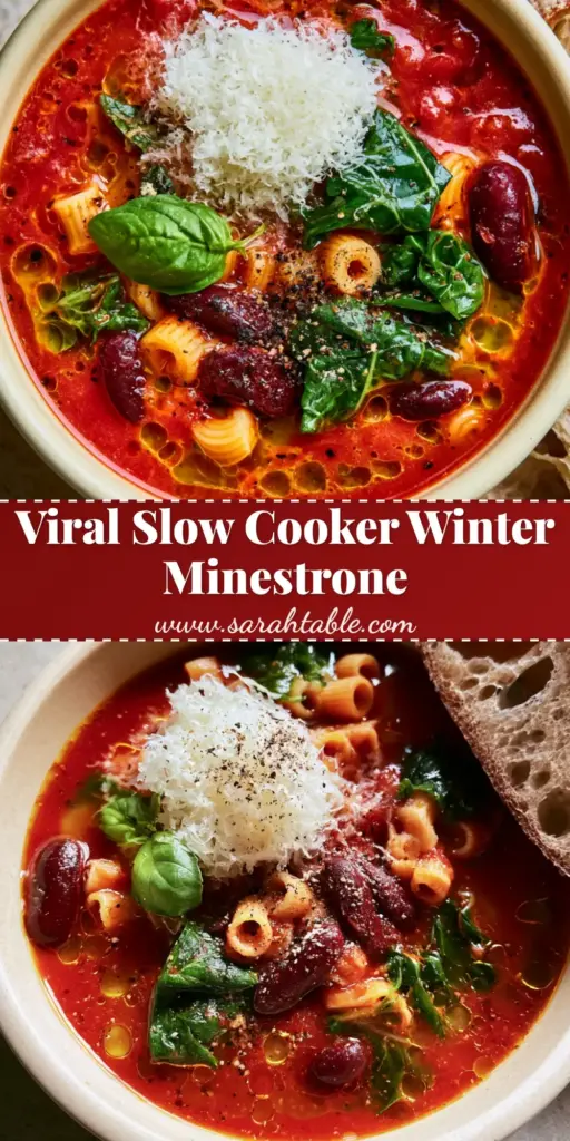 A steaming bowl of Winter Minestrone Soup with ditalini pasta, kidney beans, and kale, topped with fluffy parmesan cheese and fresh basil next to sourdough bread.