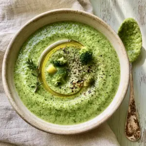 Close-up of velvety broccoli potato soup showing texture and steam, garnished with thyme and chili flakes.