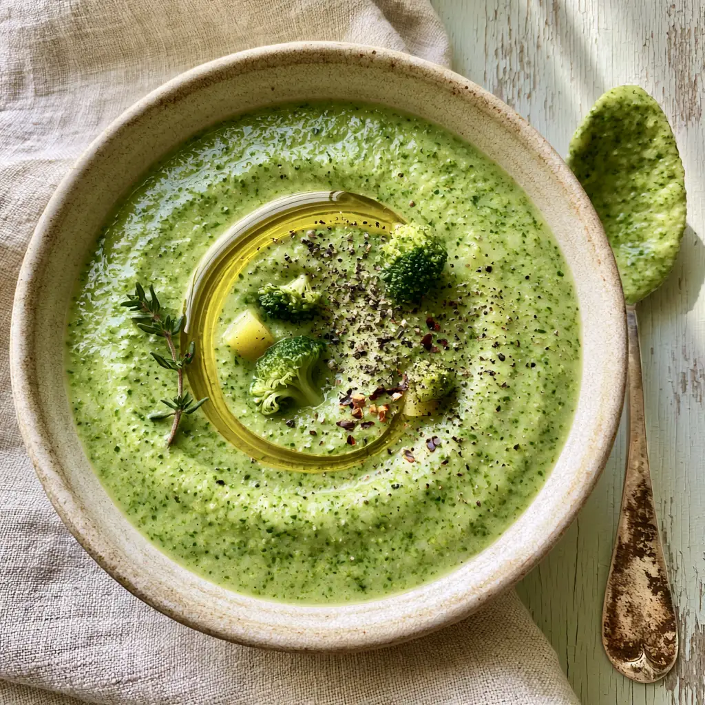 Broccoli Potato Soup: The Ultimate Creamy and Healthy Comfort Bowl 2 Close-up of velvety broccoli potato soup showing texture and steam, garnished with thyme and chili flakes.