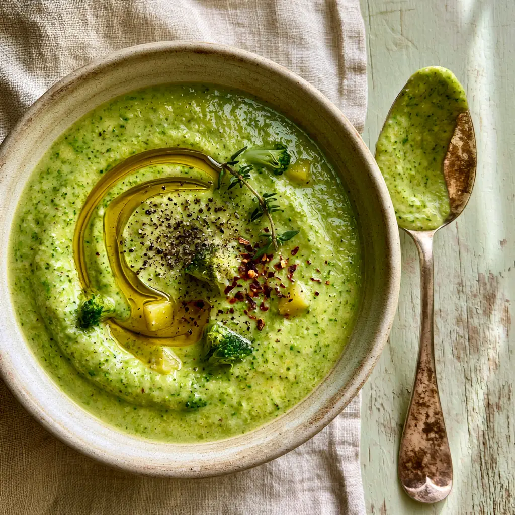 Broccoli Potato Soup: The Ultimate Creamy and Healthy Comfort Bowl 1 A silver spoon resting against a bowl of thick green broccoli potato soup, showing the rich residue.