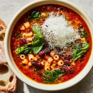 Overhead view of Winter Minestrone Soup in a cream bowl showing golden olive oil droplets on a rich tomato broth.