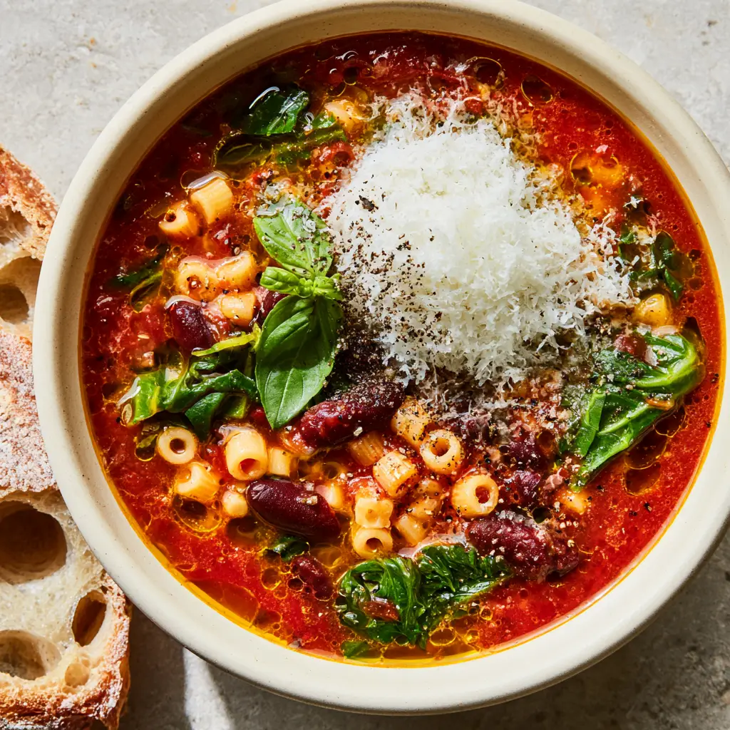 Overhead view of Winter Minestrone Soup in a cream bowl showing golden olive oil droplets on a rich tomato broth.