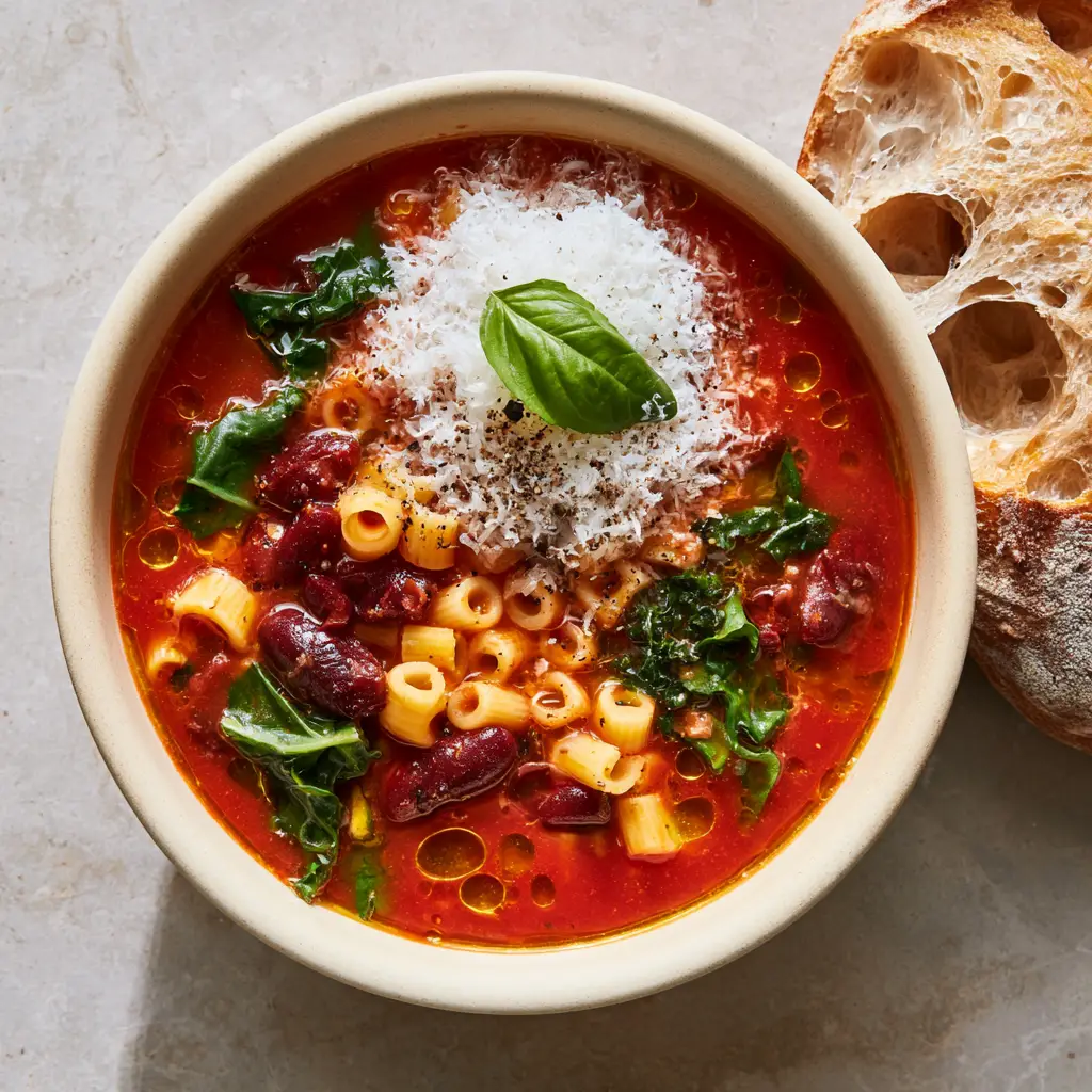 A close up of crusty sourdough bread with large air pockets next to a steaming bowl of Winter Minestrone Soup.
