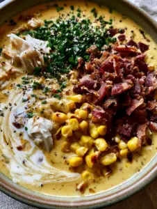 Close up of golden chicken corn chowder broth with pulled chicken and charred corn. (chicken corn chowder)