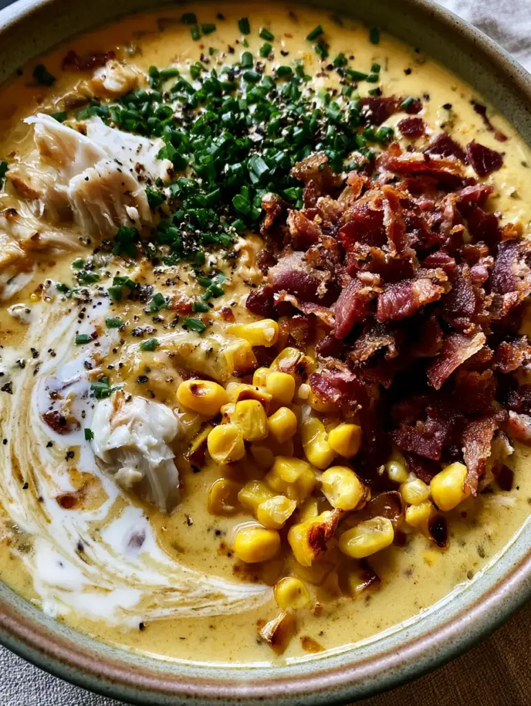 Close up of golden chicken corn chowder broth with pulled chicken and charred corn. (chicken corn chowder)
