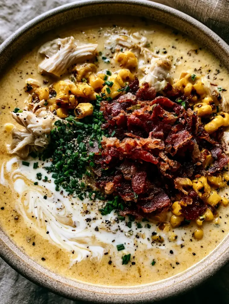Chicken Corn Chowder with Charred Corn and Smoky Bacon 1 Rustic ceramic bowl filled with chicken corn chowder topped with mahogany bacon and chives.