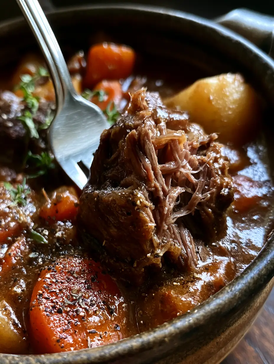 beef stew: The Ultimate Slow-Braised Comfort in a Mahogany Gravy 4 A tight macro shot of a silver fork pulling apart a succulent chunk of beef stew in a dark rustic bowl.