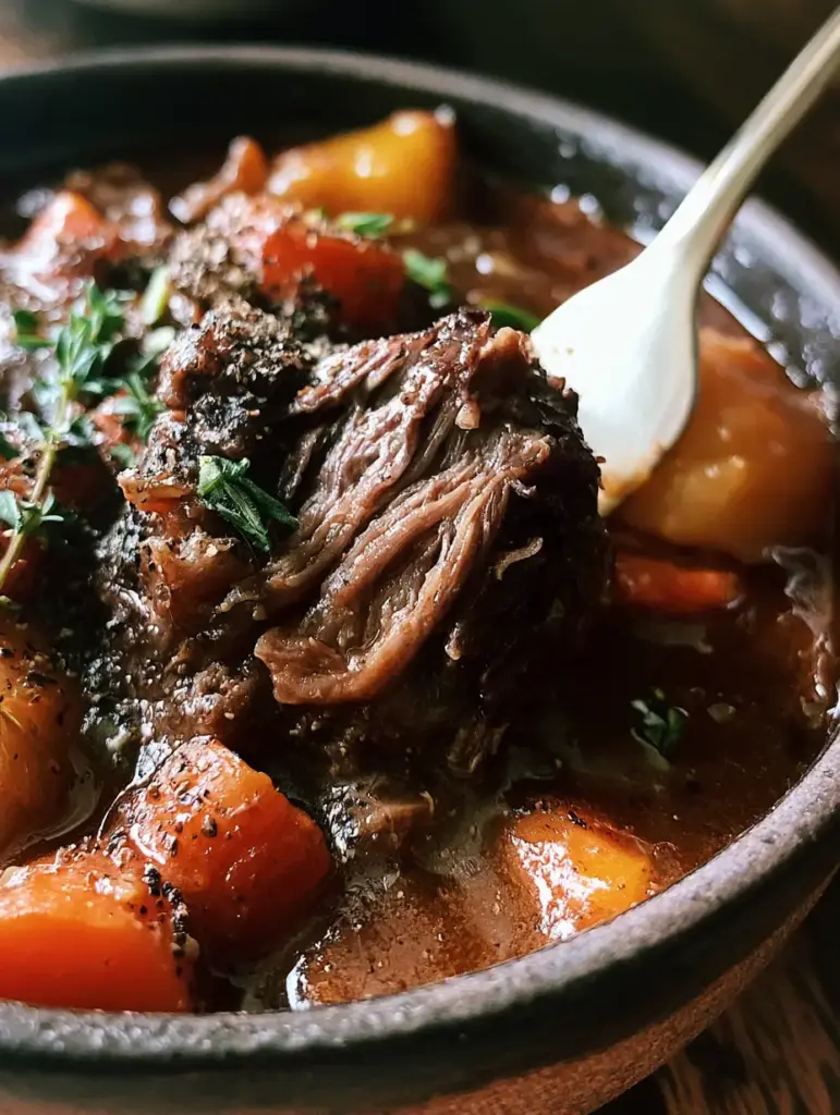 beef stew: The Ultimate Slow-Braised Comfort in a Mahogany Gravy 1 Glossy mahogany beef stew gravy clinging to bright orange carrot coins and Yukon gold potatoes.