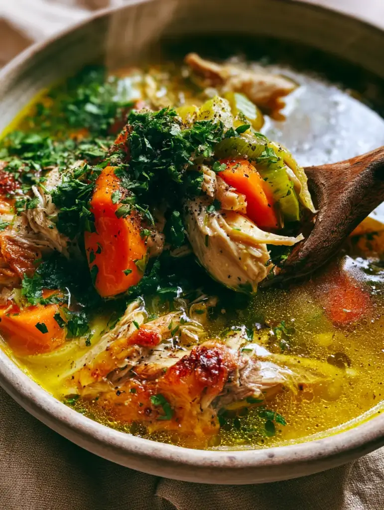 Close-up of homemade chicken soup with translucent yellow broth, shimmering oil droplets, and jagged chunks of rotisserie chicken.