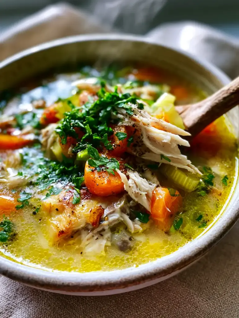 A rustic wooden spoon lifting shredded chicken and carrots from a bowl of homemade chicken soup with rising steam.