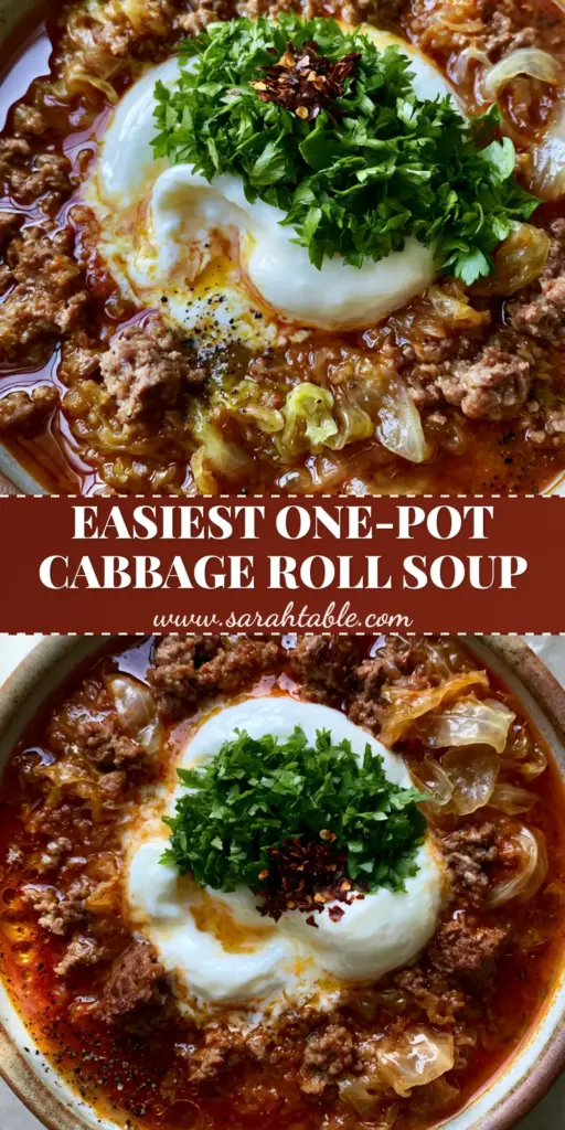 A rustic ceramic bowl of smoky Cabbage roll soup with ground beef, green cabbage ribbons, and a melting dollop of sour cream topped with parsley.