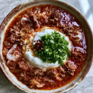 Close up shot of Cabbage roll soup showing chunky browned beef crumbles and tender translucent cabbage ribbons in a deep-red broth.