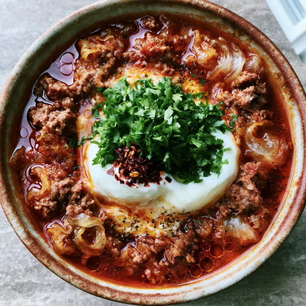 Cabbage roll soup in a ceramic bowl with visible oil droplets, fresh parsley, and red pepper flakes garnish.