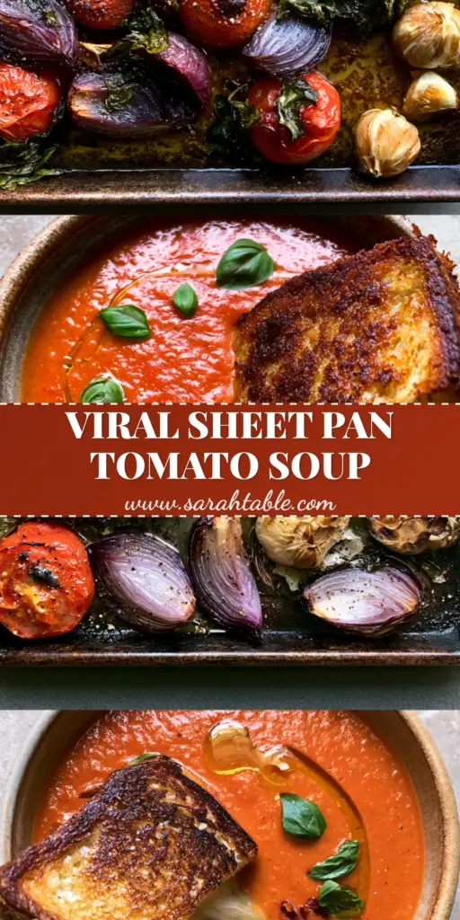 A split view showing roasted roma tomatoes and garlic on top, and a bowl of thick roasted tomato soup being dipped with a sourdough grilled cheese on the bottom.