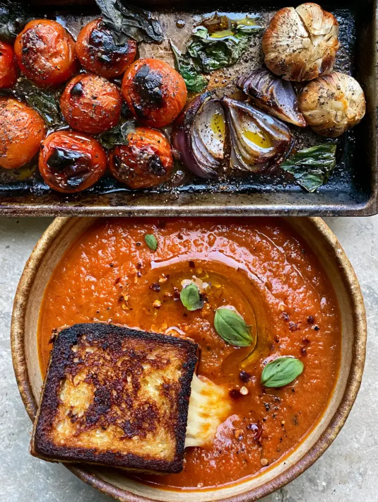 Overhead view of a baking sheet filled with blistered roma tomatoes, charred red onions, and roasted garlic cloves for roasted tomato soup.