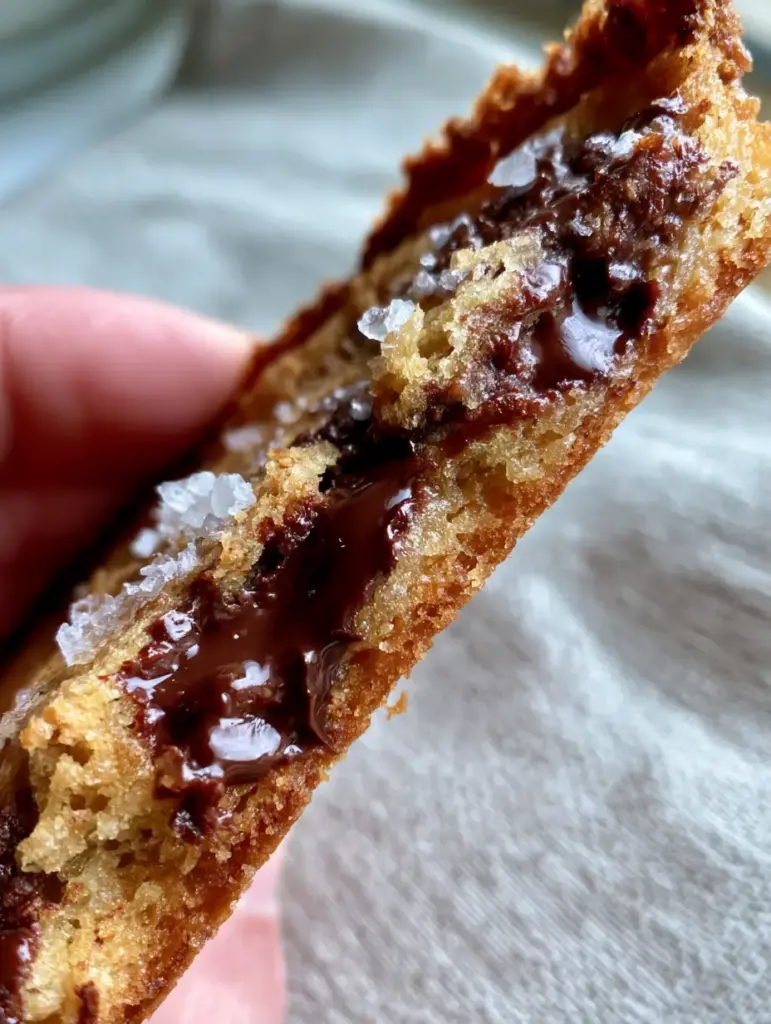 Macro shot of caramelized edges and flaky sea salt on a crispy chocolate chip cookie.