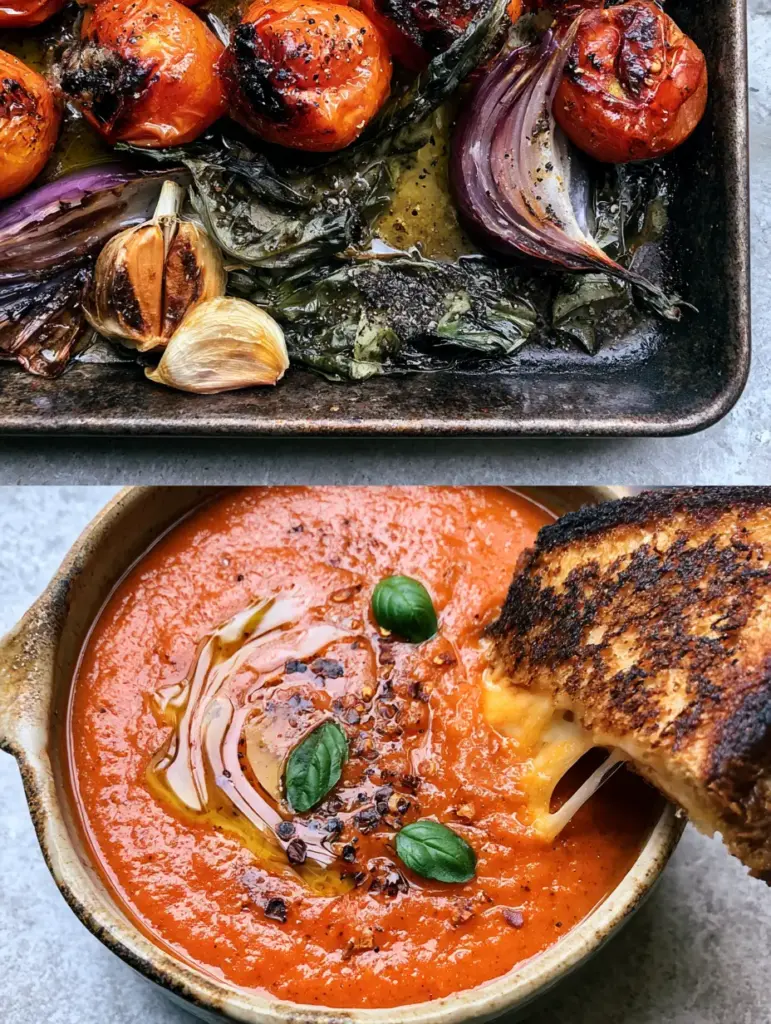 Macro shot of a vibrant orange-red roasted tomato soup in a ceramic bowl garnished with basil and olive oil.