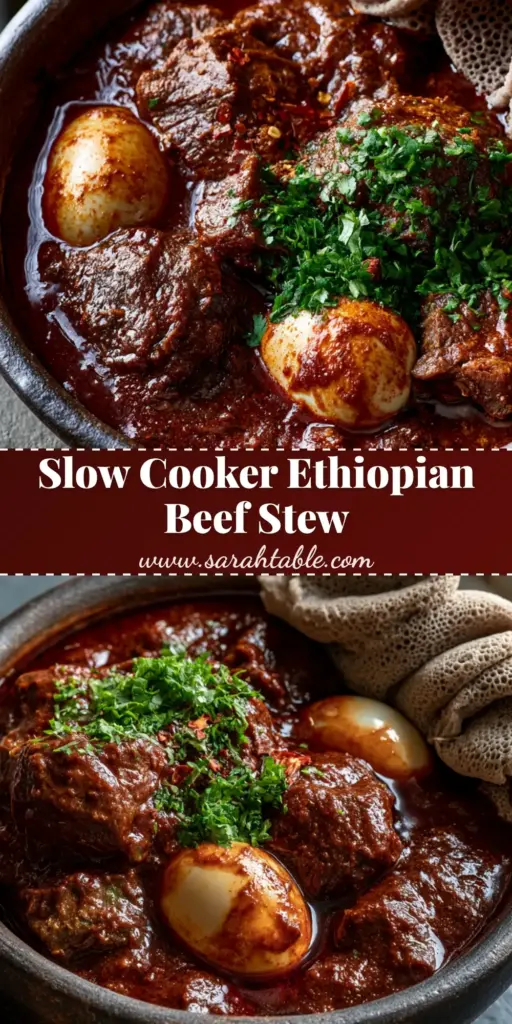 A rustic bowl of Ethiopian Beef Stew (Sega Wat) with thick mahogany-red sauce, hard-boiled eggs, and rolled injera bread on a dark surface.