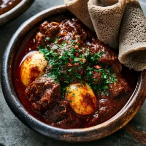 Close-up of tender beef cubes in a glossy mahogany-red Berbere sauce with stained hard-boiled eggs. (Ethiopian Beef Stew)