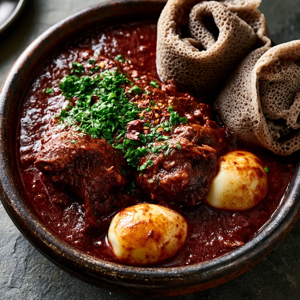 High-angle shot of Ethiopian Beef Stew in a dark ceramic bowl with cilantro garnish and stacked injera bread.