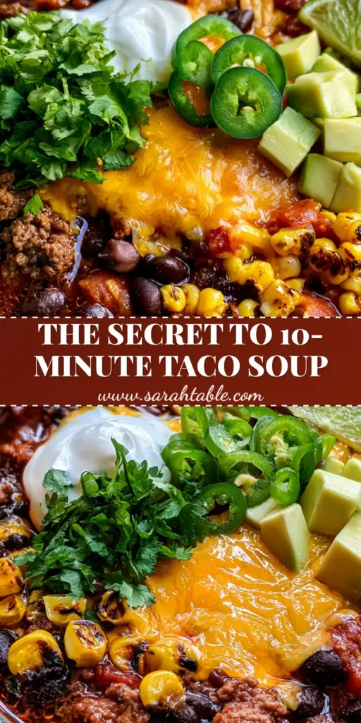 A rustic bowl of Taco Soup Recipe featuring mahogany broth, melted cheddar, and fresh avocado cubes.