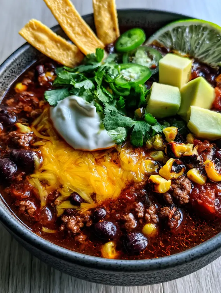 Close up of seared ground beef and charred corn in a mahogany Taco Soup Recipe broth.