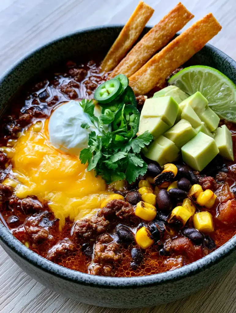 Taco Soup Recipe topped with sharp cheddar cheese, sour cream, and jalapeños in a charcoal bowl.